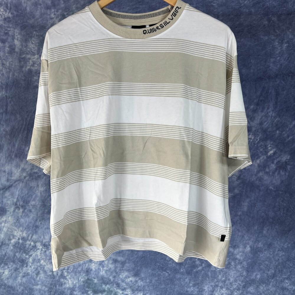 White and Tan Striped  Quiksilver Crop Tee Sz M/L